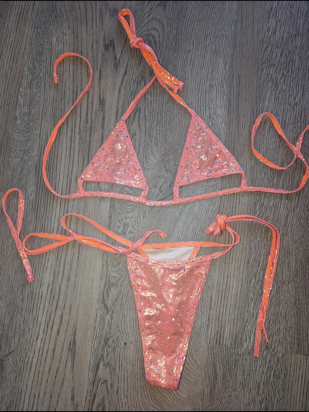 NWOT Bedazzled Coral Orange Crystal Triangle Bikini
